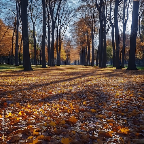 Sunlit autumn path through golden leaf-covered park.