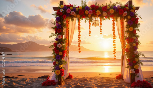 Colorful flower garlands decorating a wedding arch at sunset, celebration photo