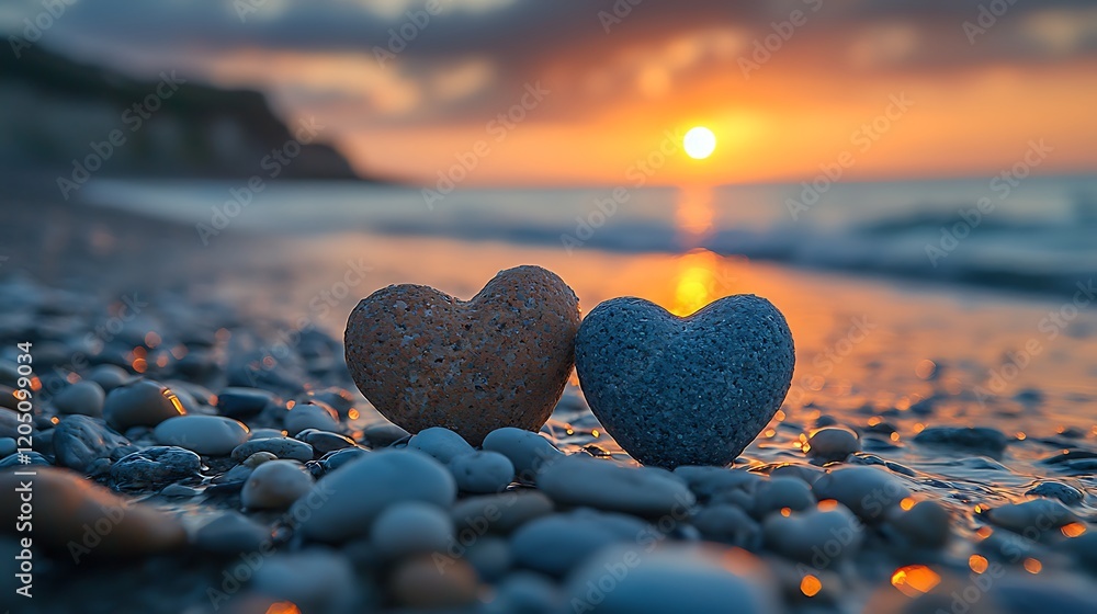 Fototapeta premium Romantic Sunset Two Stone Hearts on Pebble Beach