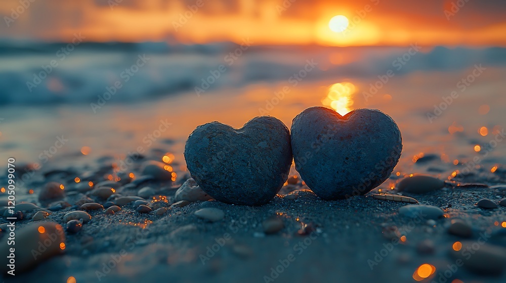 Fototapeta premium Sunset Beach Love Two Stone Hearts at Golden Hour