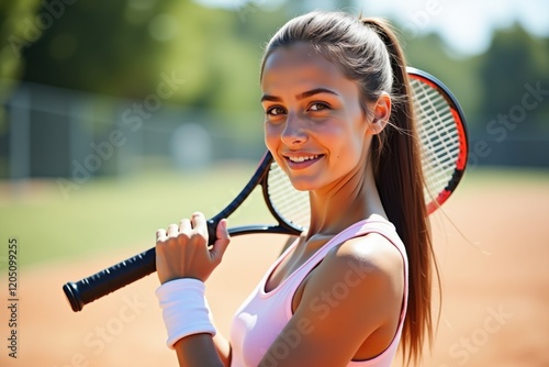 Close-up of a smiling female tennis player holding a racket over her shoulder on an outdoor court. She wears a light pink tank top and wristband, exuding confidence and sporty vibes. 