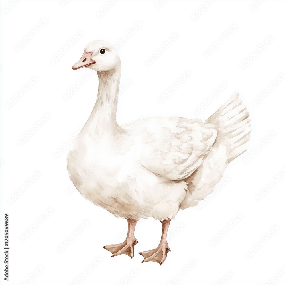 Illustration of the Domestic Goose, soft watercolor tones, white background, detailed illustration, cartoonish. Illustration of the Domestic Goose, soft watercolor tones, white background, detailed illustration, cartoonish.