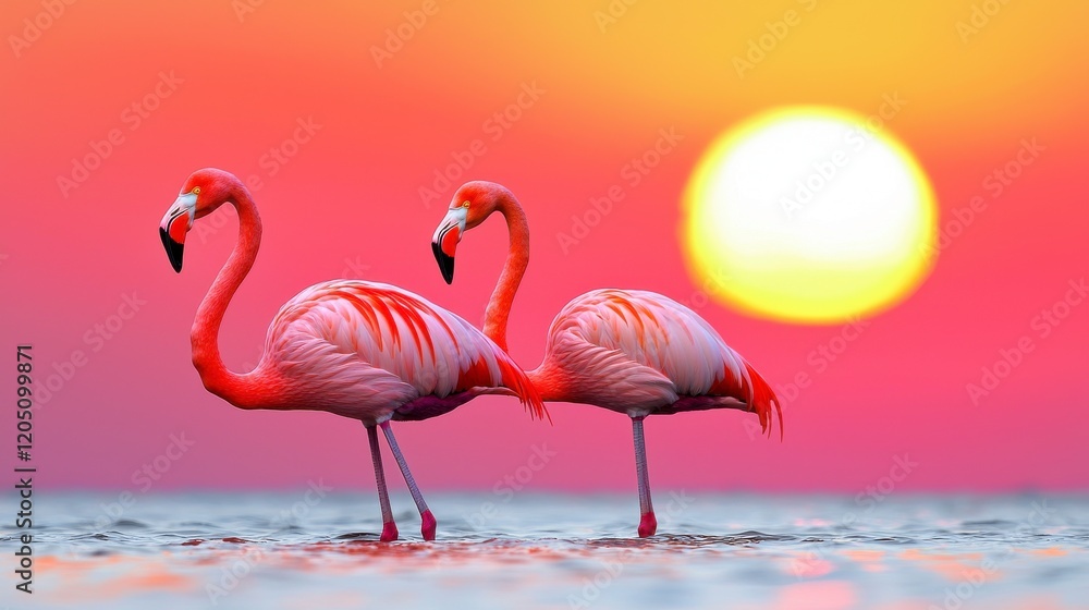 Fototapeta premium Two Vibrant Flamingos Silhouetted Against a Colorful Sunset