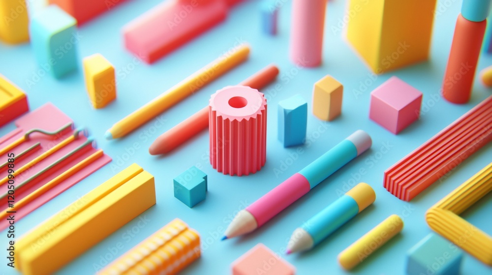 Obraz premium Colorful geometric shapes and pencils on blue background.