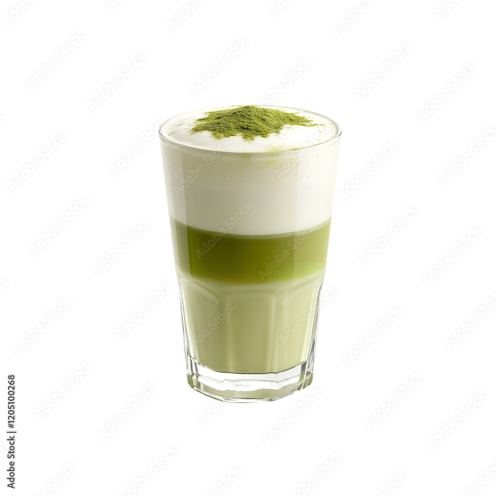 Delicious layered matcha latte in a glass cup transparent background. Delicious layered matcha latte in a glass cup transparent background.