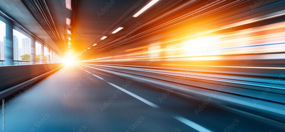 Fast highway tunnel exit at sunrise. City background Fast highway tunnel exit at sunrise. City background