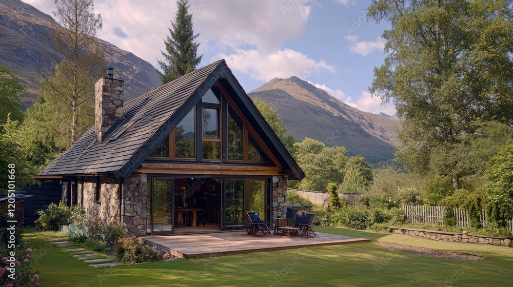 Mountain Retreat: A stunning contemporary stone and timber A-frame cabin nestled amidst breathtaking Scottish Highlands scenery, boasting expansive windows overlooking majestic mountains. Mountain Retreat: A stunning contemporary stone and timber A-frame cabin nestled amidst breathtaking Scottish Highlands scenery, boasting expansive windows overlooking majestic mountains.