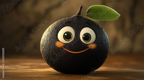 A black sapote with cute cartoon eyes and a joyful expression on a soft brown background photo