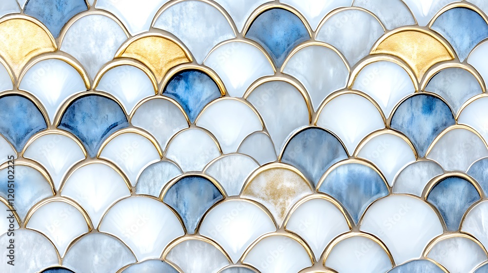 Fototapeta premium Elegant Blue Gold White Scallop Tile Mosaic Pattern