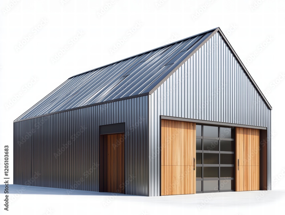 Modern Metal Barn: Sleek and contemporary metal barn with large wooden and glass sliding doors, showcasing a blend of rustic and industrial design elements. Modern Metal Barn: Sleek and contemporary metal barn with large wooden and glass sliding doors, showcasing a blend of rustic and industrial design elements.