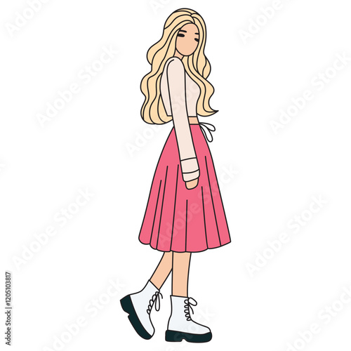 Hand Drawing of Pink Sweater, Hot Pink Skirt, and Boots with Stylish Vibes