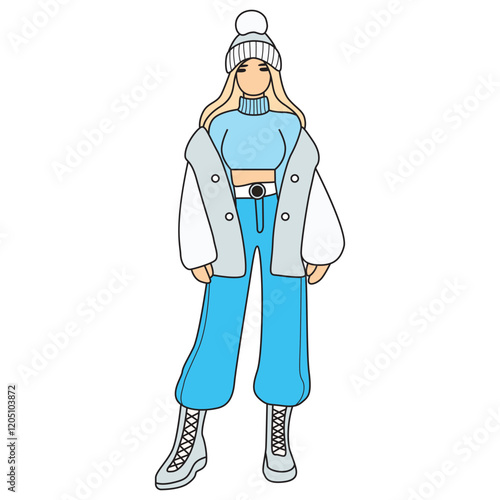 Hand Drawing of Stylish Woman in White Hat, Coat, and Blue Jeans: A modern illustration of a stylish woman sporting a white hat, coat, and blue jeans, exuding effortless chic and contemporary flair.