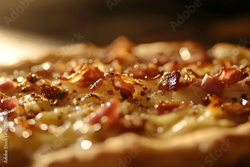 Zoom on a traditional tarte flambée's crisp edge, rich cream, onions, and lardons photo