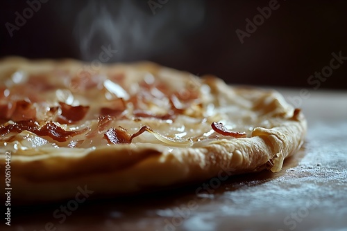 Zoom on a traditional tarte flambée's crisp edge, rich cream, onions, and lardons