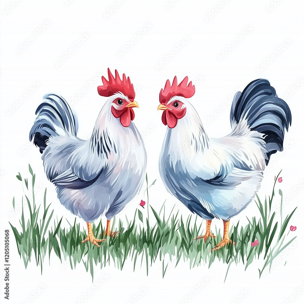 Fototapeta premium Illustration of the Domestic Chicken, soft watercolor tones, white background, detailed illustration, cartoonish.