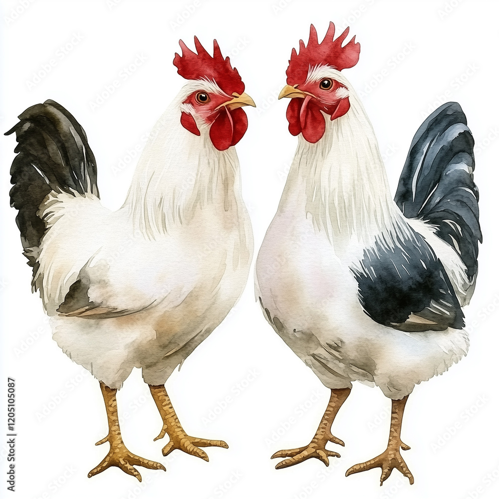 Fototapeta premium Illustration of the Domestic Chicken, soft watercolor tones, white background, detailed illustration, cartoonish.