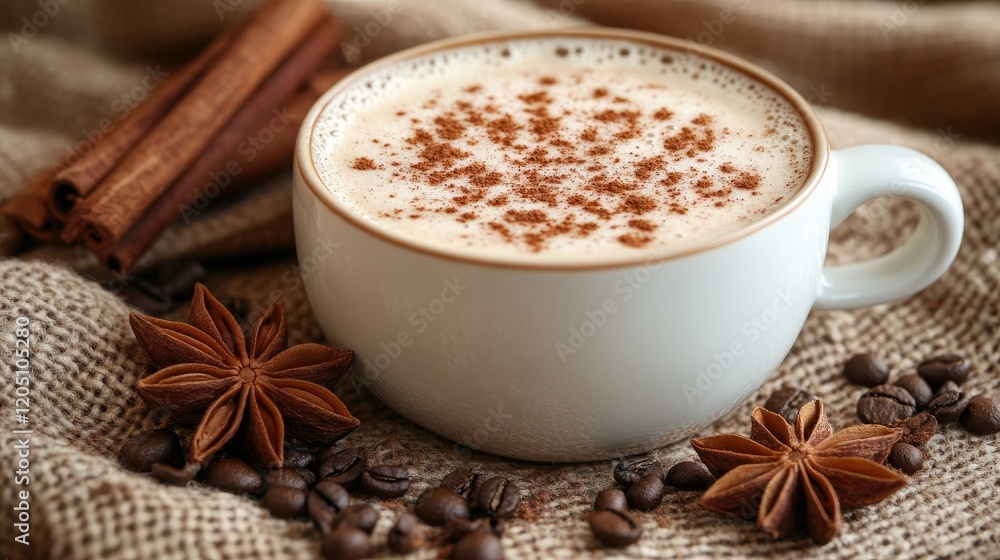 Cozy Autumn Spice Latte Surrounded by Aromatic Star Anise, Cinnamon Sticks, and Coffee Beans Cozy Autumn Spice Latte Surrounded by Aromatic Star Anise, Cinnamon Sticks, and Coffee Beans