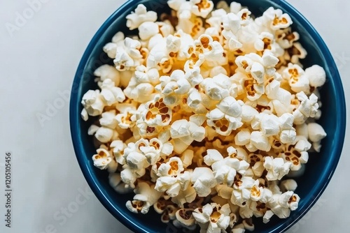 Freshly Popped Popcorn in a Blue Bowl Perfect for Movie Nights and Snack Time, Ideal for Food Photography and Culinary Art Displays or Marketing Campaigns