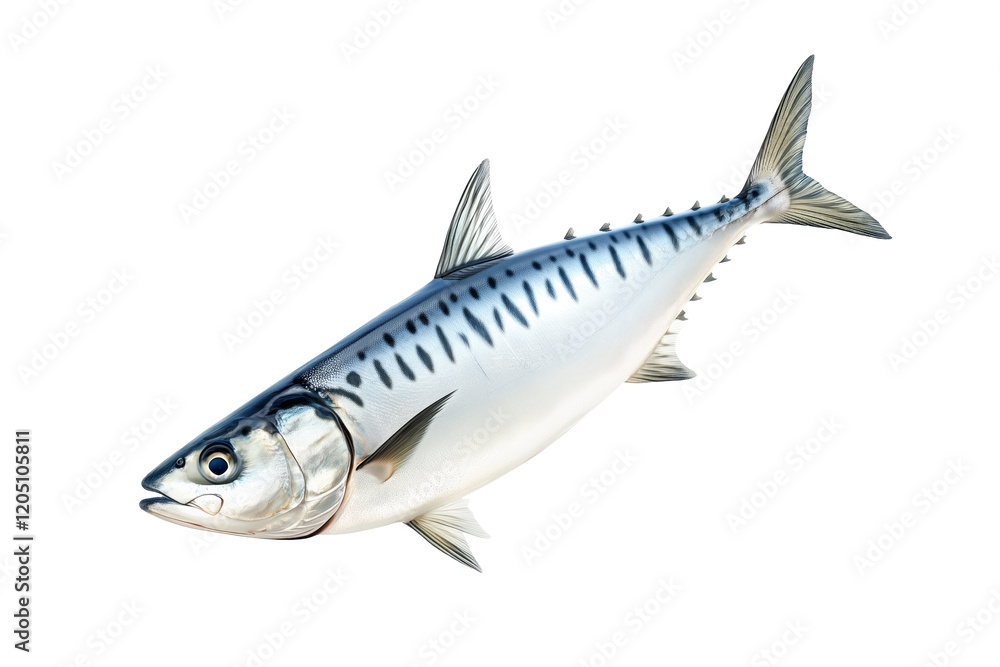 Fresh mackerel fish with detailed scales and fins isolated on white transparent background. Concept of seafood and marine life Fresh mackerel fish with detailed scales and fins isolated on white transparent background. Concept of seafood and marine life