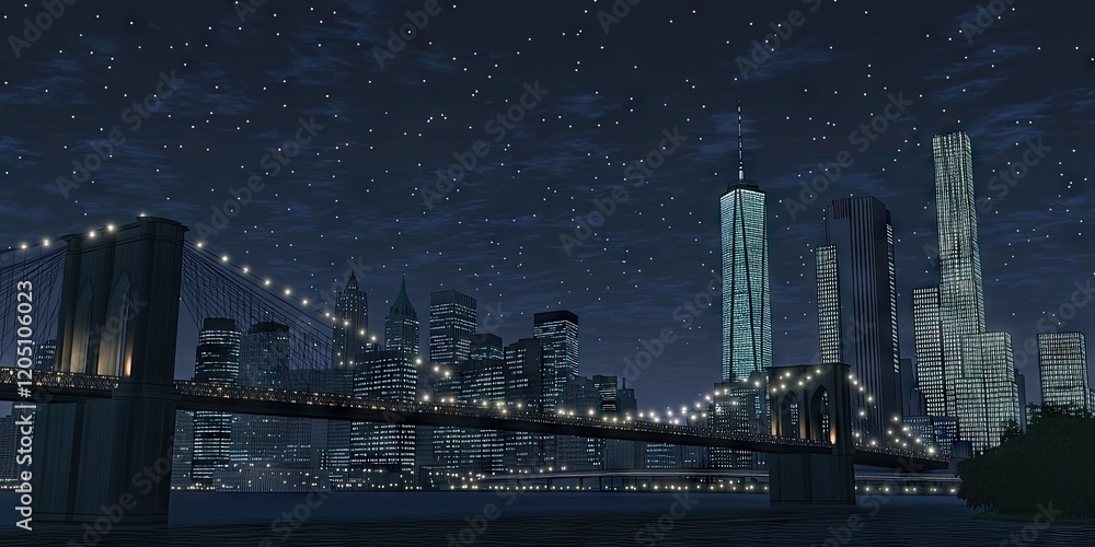 Obraz premium Nighttime cityscape featuring a bridge and skyscrapers under a starry sky.