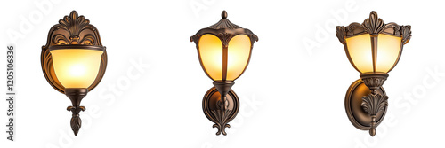 A Set of Elegant Wall Light Fixtures Featuring Warm Yellow Light Isolated on Transparent Background