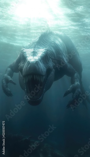 A large, prehistoric creature resembling a dinosaur swims underwater with an open mouth.