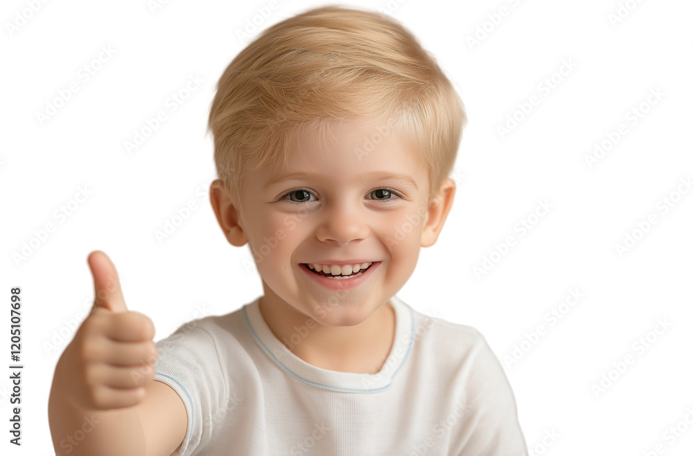 A cute little boy with blonde hair, wearing a white short-sleeved shirt with blue stripes on the shoulders, is smiling happily while giving a thumbs up isolated on a transparent PNG background A cute little boy with blonde hair, wearing a white short-sleeved shirt with blue stripes on the shoulders, is smiling happily while giving a thumbs up isolated on a transparent PNG background