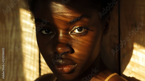 Portrait of a young African woman with dark skin and intense eyes. She is looking at the camera with a serious expression. photo