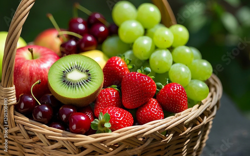 A close up view of a variety of fruits in a basket; up and close scene of fruits in a basket; basket of fruits like strawberry, grapes, blueberries, kiwi and cherries; fresh and delicious fruits photo