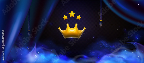 3d Royal Award.  Crown with stars  award with luxurious blue silk draperies with tassel tieback for  interior decoration. Blue Smoke background with twinkle neon particles on the a dark background