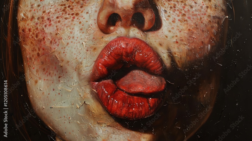 Obraz premium A close-up of a woman's lips. The woman has fair skin with freckles and red lipstick. Her lips are slightly parted and her tongue is visible.