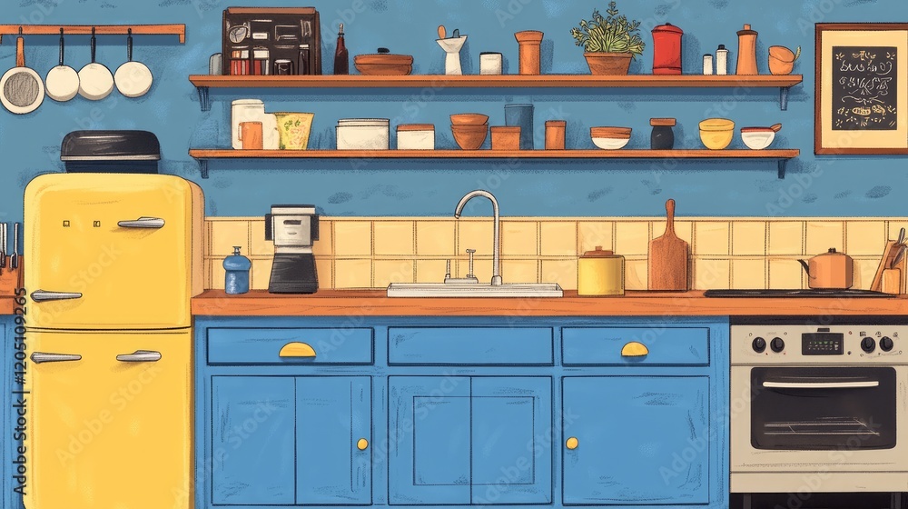 Vibrant Retro Kitchen with Yellow Fridge and Blue Cabinets Vibrant Retro Kitchen with Yellow Fridge and Blue Cabinets