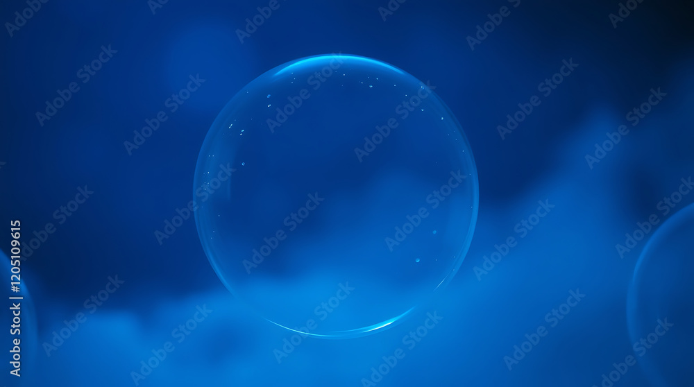 Close up  bubbles made of shampoo, lotion, detergent. Macro photo of spume on blue background. Banner with copy space for laundry, cleaning services, beauty, skin care concept