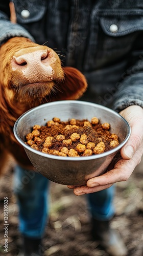 A person feeding a cow with a bowl of feed in a rustic outdoor setting.