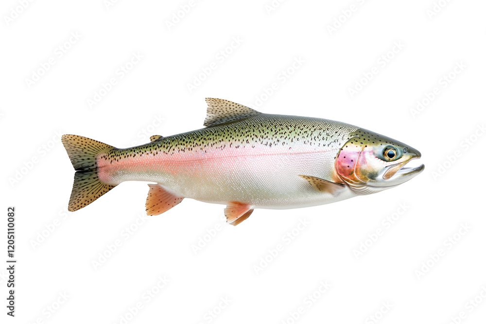 Naklejka premium Closeup of a colorful rainbow trout fish with spotted scales, fins and open mouth isolated on white transparent background, concept of wildlife