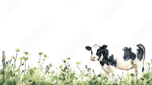 Watercolor Painting of a Cow in a Field of Flowers