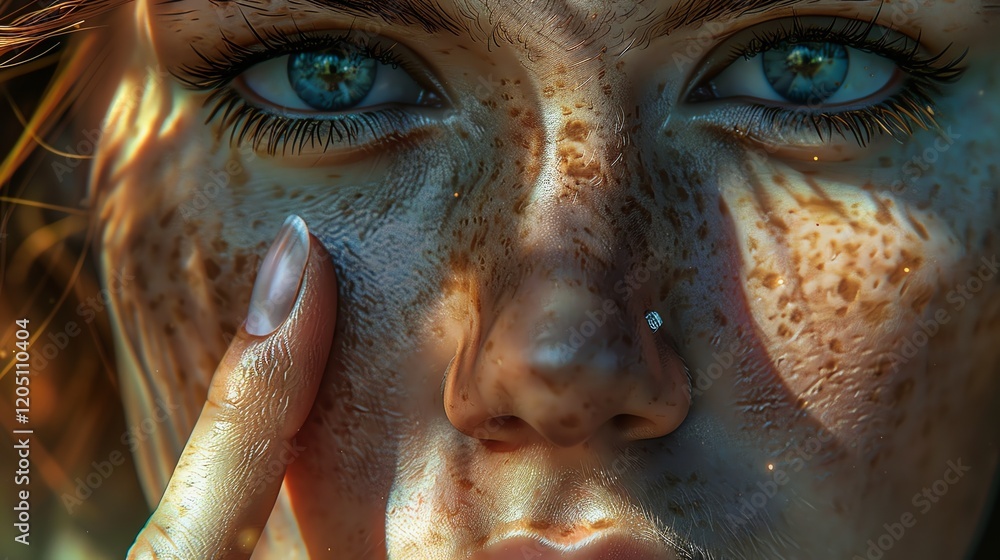 A closeup of a woman's face with freckles and blue eyes. She is touching her face with her hand. The image is soft and has a warm tone. A closeup of a woman's face with freckles and blue eyes. She is touching her face with her hand. The image is soft and has a warm tone.