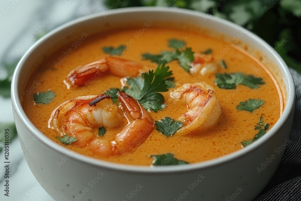 Delicious Thai Shrimp Curry Soup with Fresh Cilantro in Ceramic Bowl Delicious Thai Shrimp Curry Soup with Fresh Cilantro in Ceramic Bowl
