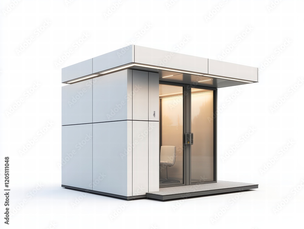 Modern Prefabricated Office Pod: Sleek, minimalist design of a prefabricated office pod, perfect for modern workspace solutions. Ideal for individual work or small meetings. Modern Prefabricated Office Pod: Sleek, minimalist design of a prefabricated office pod, perfect for modern workspace solutions. Ideal for individual work or small meetings.