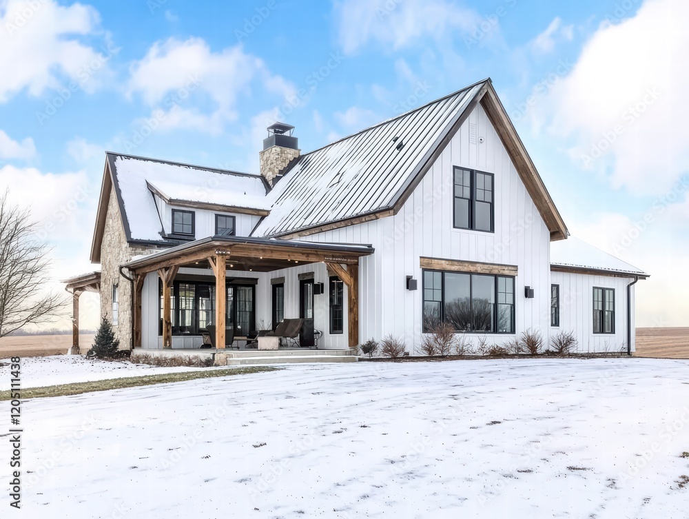 Modern Farmhouse in Winter Wonderland: A sleek and stylish modern farmhouse stands proudly against a backdrop of pristine snow and a vibrant blue sky. Modern Farmhouse in Winter Wonderland: A sleek and stylish modern farmhouse stands proudly against a backdrop of pristine snow and a vibrant blue sky.