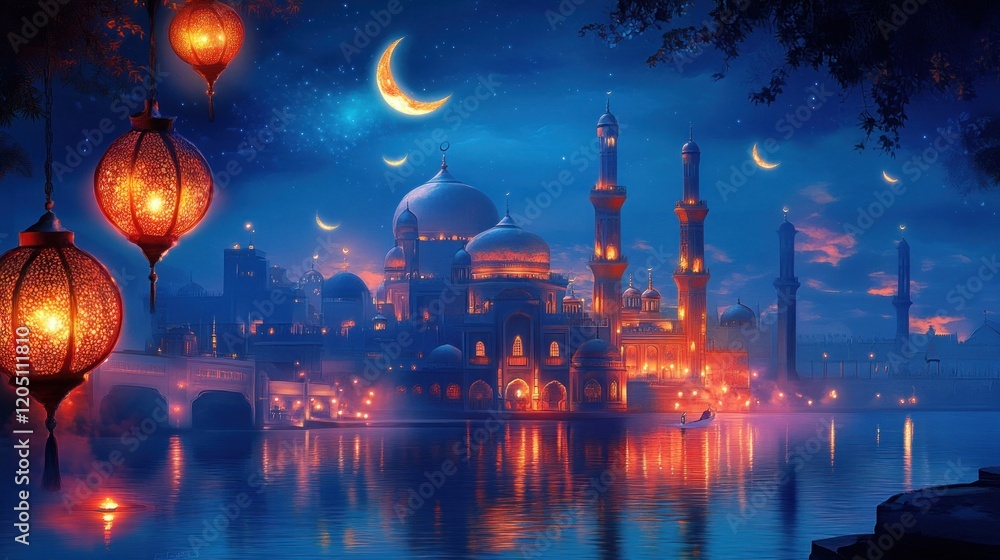 Nighttime Cityscape Featuring Illuminated Mosque and Crescent Moons Nighttime Cityscape Featuring Illuminated Mosque and Crescent Moons