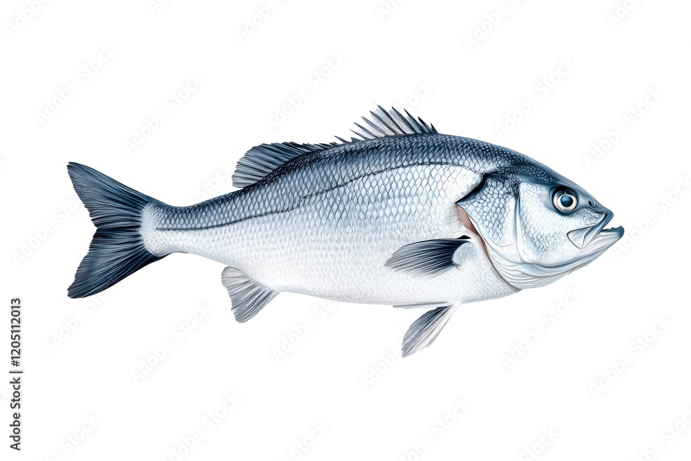 Obraz premium Silver sea bass fish isolated on white transparent background, showcasing its shiny scales and natural texture.