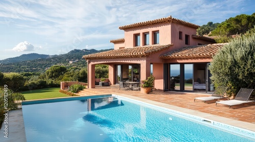 Mediterranean Villa Oasis: A stunning Mediterranean villa with terracotta roof and a luxurious pool, set amidst lush greenery.