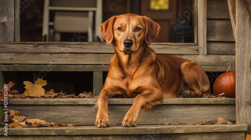 Peaceful Redbone Coonhound Relaxing on Rustic Vacation Home Steps in Warm Autumn Atmosphere photo