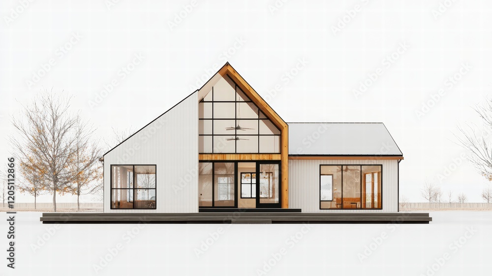 Modern Farmhouse Exterior: A striking contemporary farmhouse exterior boasts clean lines, a pitched roof, and large windows framing a view of the winter landscape.