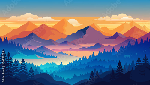 AI Generated serene mountain landscape with layers of hills, trees, and a gradient sky blending orange and blue
