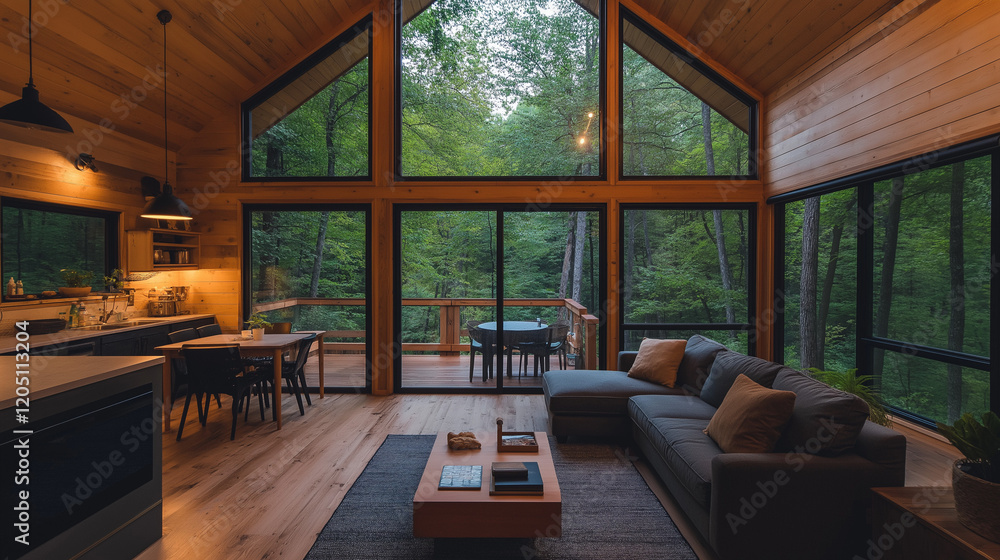 Modern Cabin Living Room: A contemporary cabin interior boasts an expansive view of a lush forest through floor-to-ceiling windows. Modern Cabin Living Room: A contemporary cabin interior boasts an expansive view of a lush forest through floor-to-ceiling windows.