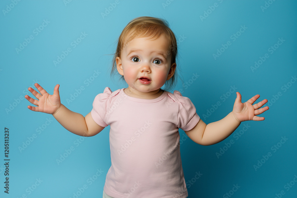 Portrait of Surprised Cute Toddler Girl Standing Isolated on Blue Background with Hands Near Open Mouth
Portrait of Surprised Cute Toddler Girl Standing Isolated on Blue Background with Hands Near Open Mouth