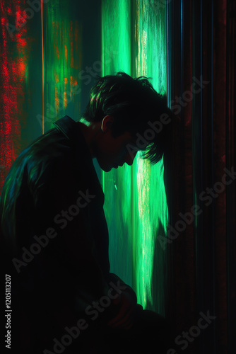 A man leans against the wall, his head down in sadness and despair, illuminated by green neon lights. His posture suggests he is disheartened or sad about something, with the focus on his face.