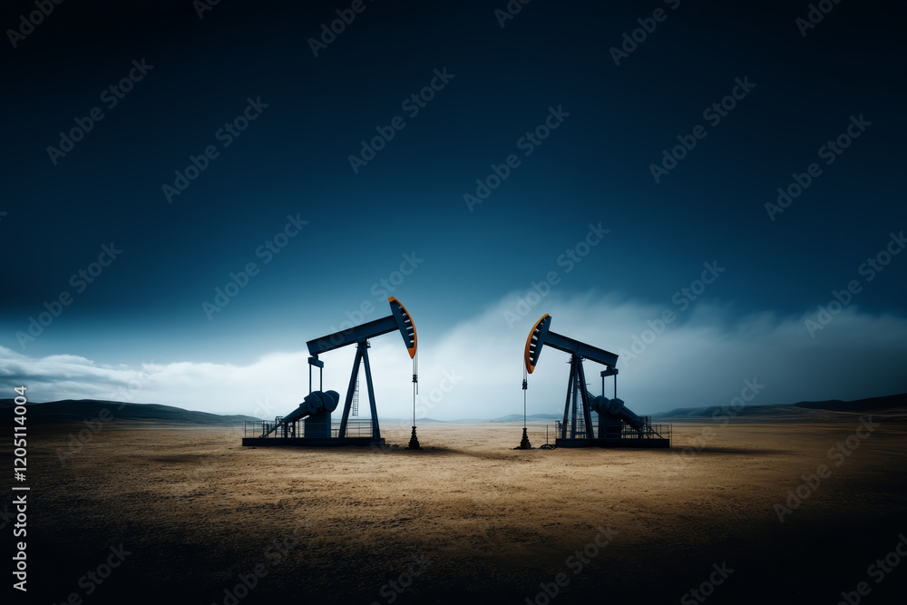 Naklejka premium Oil pumps operate in a vast, empty landscape under a dramatic sky during dusk